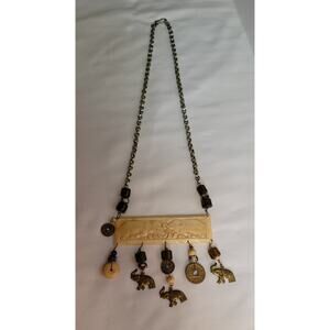 Necklace Chain Link Carved Elephants on Shell Glass Beads Brass Charms